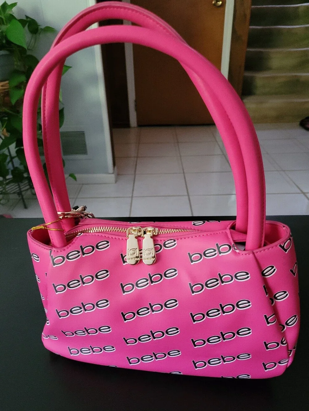 bebe Hot Pink Logo-Print Shoulder Bag with Gold-Tone Chain